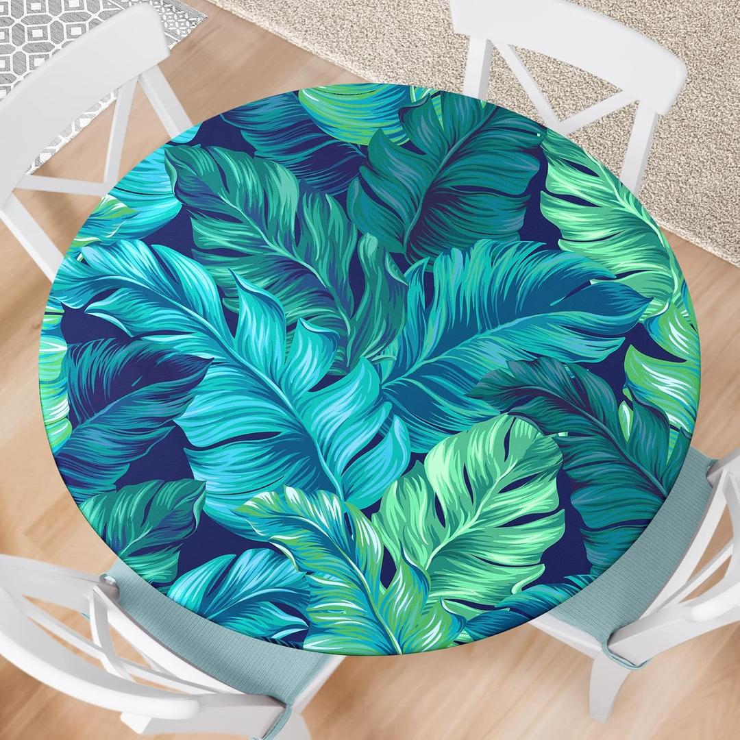 Round Fitted Tablecloth with Elastic Edge Indoor Outdoor Washable Reusable Table Cover for Kitchen Picnic Party Fits 48-52" Diameter Round Tables