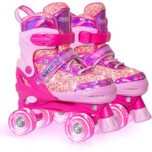 Nattork Kids Roller Skates for Girls Kids, 4 Sizes Adjustable Girls Roller Skates for Ages 3-12 with Light up Wheels & Safety Protection - Cool Birthday Gift for Indoor Outdoor Sports (Small(10C-13C), Candy)