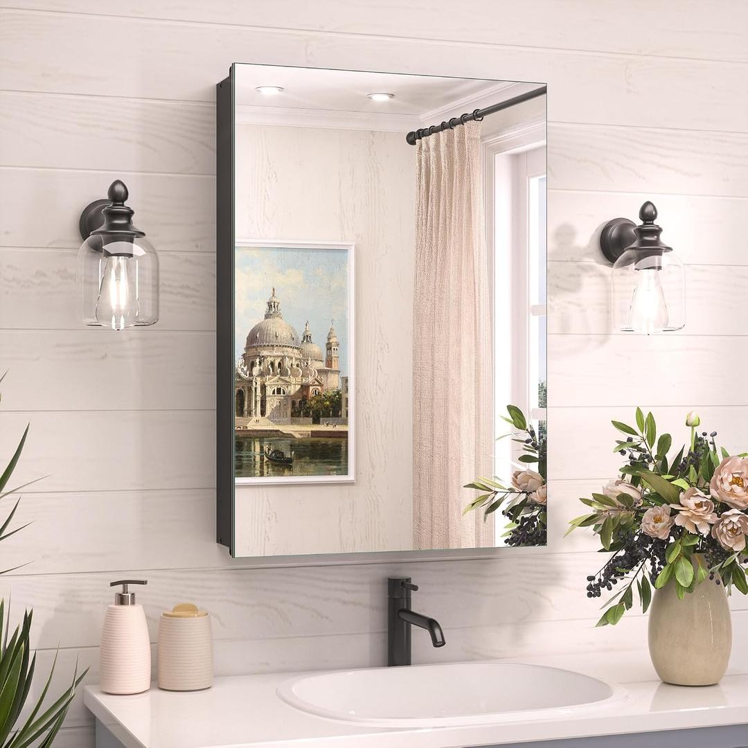TokeShimi 16 x 24 Mirrored Medicine Cabinet Recessed or Surface Mount, Aluminum Tempered Black Bathroom Medicine Cabinet with Mirror with Adjustable Storage Metal for Modern Farmhouse