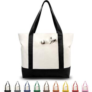 TOPDesign Canvas Tote Bag with an External Pocket, Reusable Grocery Shopping Bag, Top Zipper Closure, Daily Essentials (Black/Natural Pack of 1)