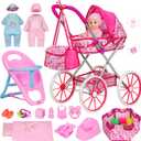 Unicorn Baby Doll Stroller Set with 11'' Baby Doll, Foldable Doll Stroller, Playpen, Dining Chair and 24 PCS Baby Doll Accessories, Doll Playset Toy for Girls Toddlers 3-5 4-6 Birthday Gifts