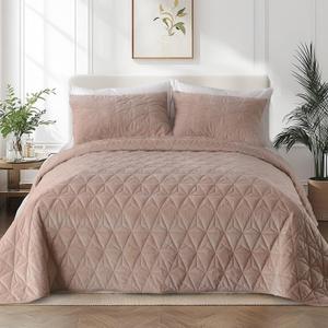 KASENTEX Velvet Oversized California King Quilt Set 112"x106", Luxury Lightweight Geometric Stitched bedspreads Coverlet King Size Oversized with 2 Pillow Shams, All-Season Quilt Set, Pink Brown