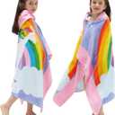 BANGSAUR Kids Hooded Beach Towels, 100% Cotton 50x30 inches Bath Pool Swiming Towel Wrap, Toddlers Girls 3-12 Years Coverup Rainbow Unicorn N