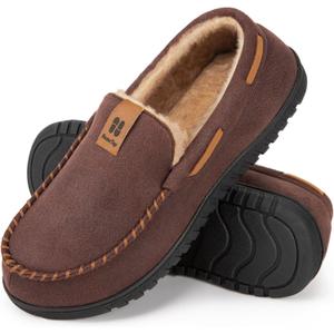 HomeTop Men's Suede Memory Foam Moccasin Slippers Soft Plush Warm Lining House Shoes, 10, Coffee
