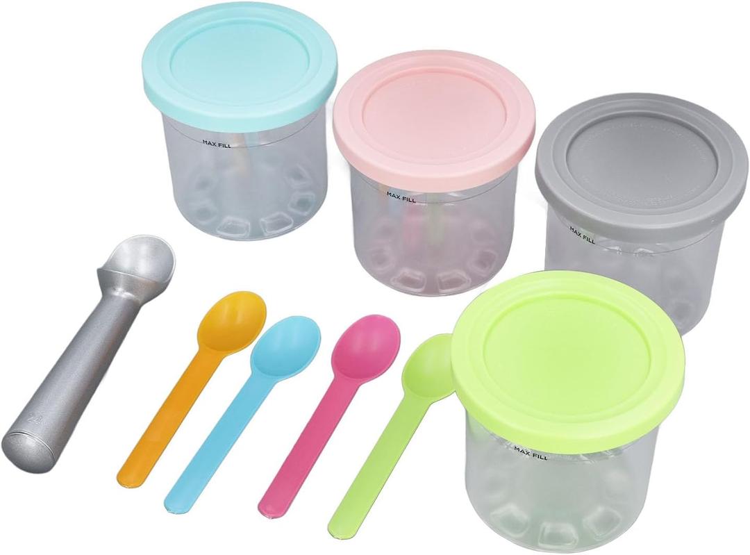 Ice Cream Pints Cup, Ice Cream Storage Container with Lids and Spoons, 4Pcs Plastic Icecream Food Storage Tubs Jars for Home Kitchen Freezer