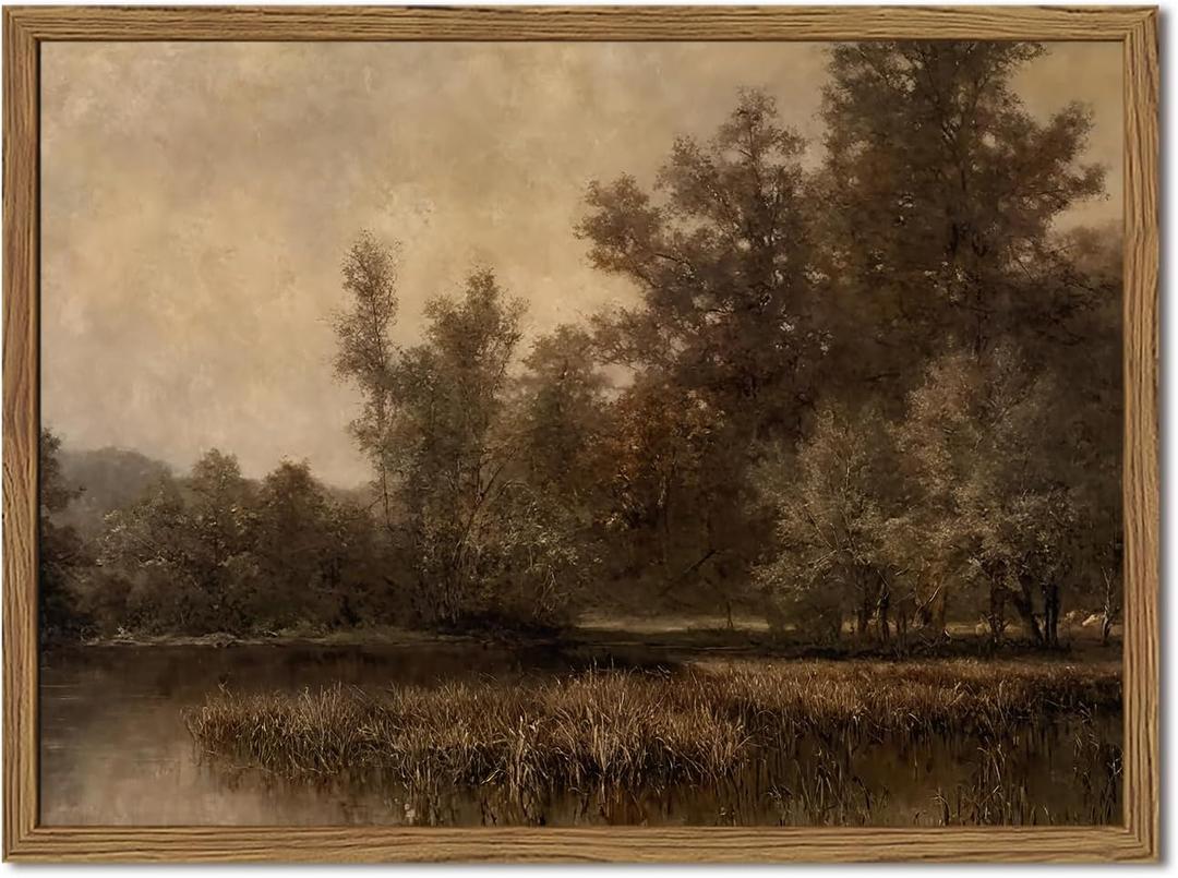 Framed Vintage Landscape Canvas Wall Art, Rustic Forest Lake Wall Decor Paintings, Retro Country Nature Pictures Prints Aesthetic Home Decor for Living Room Bedroom Office Farmhouse 8x10 inch