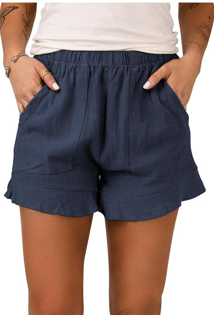 Melliflo Womens High Waist Pocketed Ruffle Solid Shorts 2024 New Fshion Casual Loose Summer Shorts Size Large