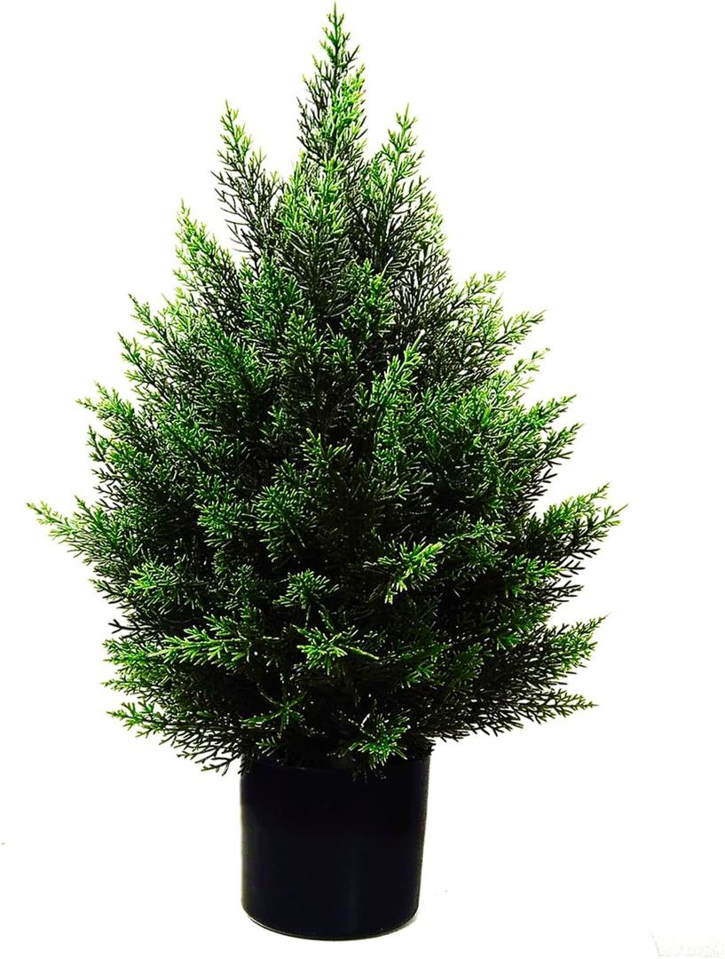2FT Artificial Topiary Tree Beautiful Realistic Faux Cedar Pines Christmas Trees UV Rated Fake Shrubs for Front Porch Faux Plants Indoor and Outdoor Decor (Pack of 1）