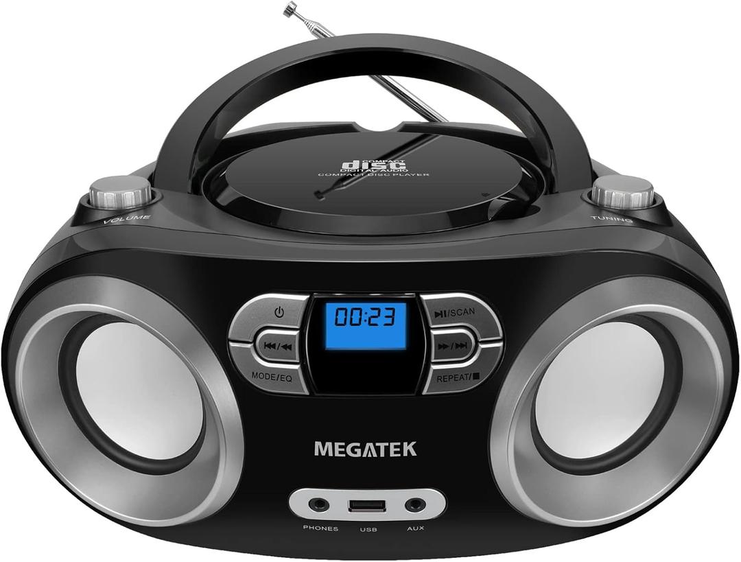 MEGATEK Portable CD Player Boombox with FM Radio, Bluetooth, USB Port, AUX Input, and Headphone Jack  CD-R/CD-RW/MP3-CD Compatible, Clear Stereo Sound, Backlit LCD Display  Black