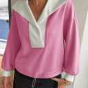 Fisoew Womens Cropped Oversized Sweatshirt Casual Lapel V Neck Long Sleeve Contrast Drawstring Loose Fit Fall Pullover Tops (Large, Pink)