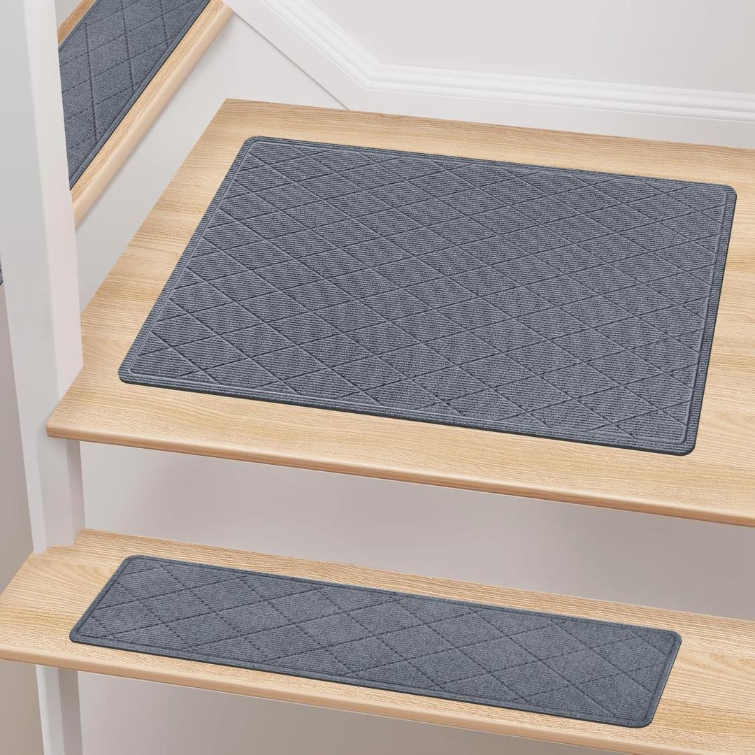 Stair Treads Non Slip Landing Rug for Wooden Steps Indoor, Peel and Stick Stair Treads Matching-Mat 20"X32" Landing Slip Resistant Stair Rugs for Kids and Dogs, Polyester Stair Landing Mat, Grey Blue