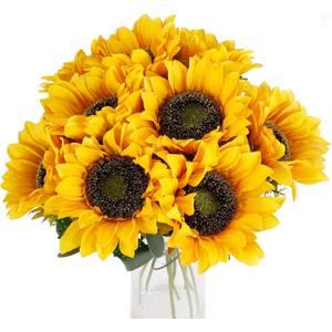 CEWOR 10pcs Sunflowers Artificial Flowers with Long Stem Fake Sunflowers Bulk Fall Decoration for Wedding Home Birthday Party Outdoor Indoor Decor