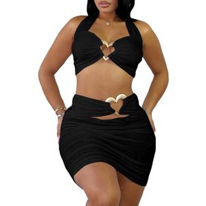 Sexy Skirt Sets Women 2 Piece Outfits Cut Out Halter Crop Tops Ruched Wrap Mini Skirt Summer Outfits (Small, Black)