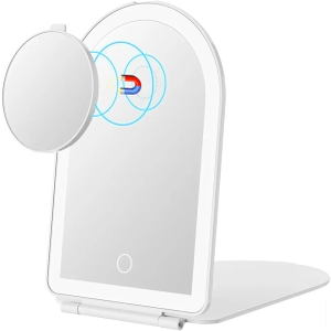 FUNTOUCH Rechargeable Travel Makeup Mirror with Lights,Portable Lighted Compact Mirror with Small 10X Magnification,3 Color Lighting, Dimmable Touch Screen, Tabletop LED Folding Cosmetic Vanity Mirror