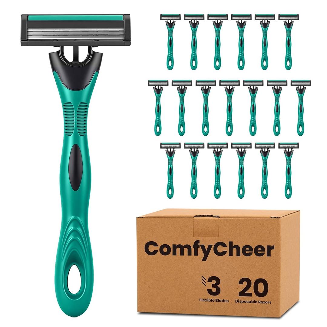 20 count Disposable Razors for Men,3-Blade Razors,Bulk Stainless Steel Shavers with Lubricating Strip for Shaving Sensitive Skin