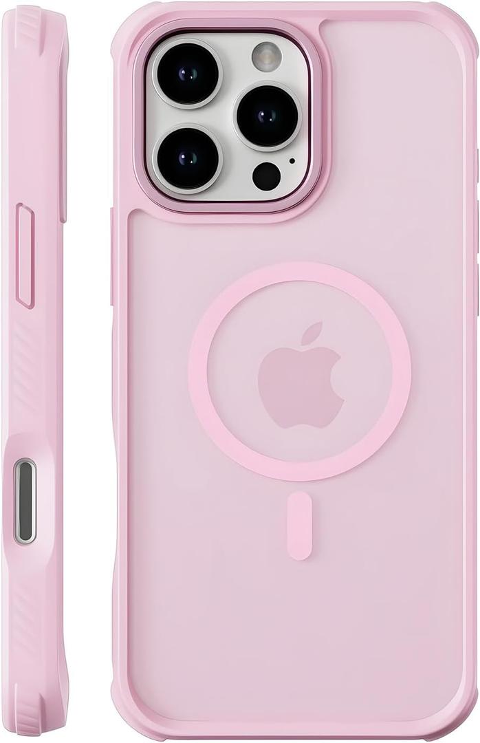 Magnetic for iPhone 16 Pro Case, Compatible with MagSafe, Threaded Non-Slip, 4 Cornered Military-Grade Drop Protection, Alloy Camera Frame, Matte Translucent Shockproof Phone Case, Pink