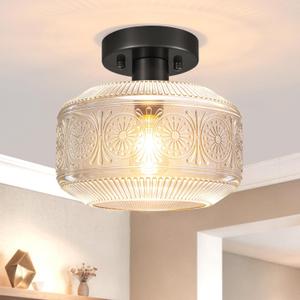 DSMJFU Semi Flush Mount Ceiling Light, Vintage Small Ceiling Light Fixture, Thickened Glass Hallway Lighting Fixture, Black Kitchen Ceiling Mount Light for Entry Way, Bedroom, Bathroom, Porch
