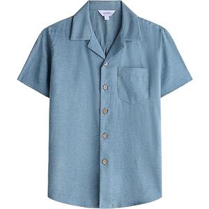 Boys Linen Shirts Button Down Short Sleeve Casual Summer Beach Shirt Cuban Collared Shirt with Pocket (6, Denim Blue)