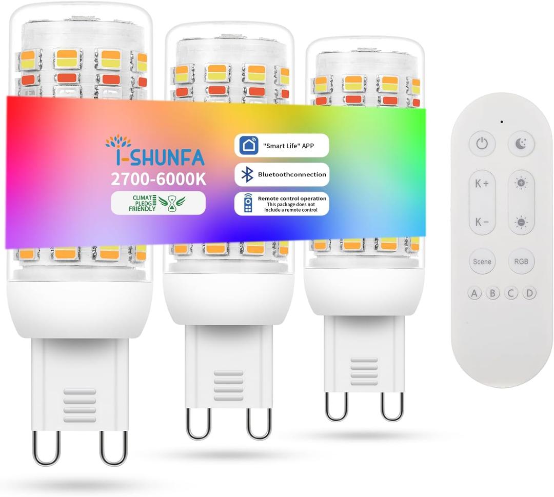 I-SHUNFA Smart G9 RGBCW LED Bulbs, App & Remote Control, AC 120V, 2700K-6500K + 16M Colors, Dimmable 1%-100%, 4W 400LM, Music Sync, Timer (3 Pack with Remote)
