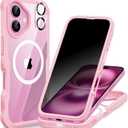 CENHUFO Magnetic Privacy for iPhone 16 Case [Compatible with Magsafe] Full Body Phone Case Built-in 9H Tempered Glass Privacy Screen Protector and Camera Lens Cover, Shockproof Bumper Clear - Pink