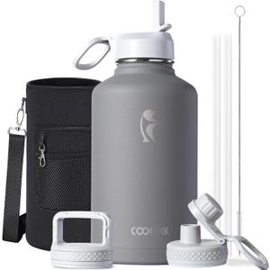 Half Gallon Water Bottle Insulated with Straw & 3 Lids, Coolflask 64 oz Water Jug Large Metal Stainless Steel Wide Mouth for Sports, Gym or Office, Non-BPA Keep Cold 48H Hot 24H, Dark Grey