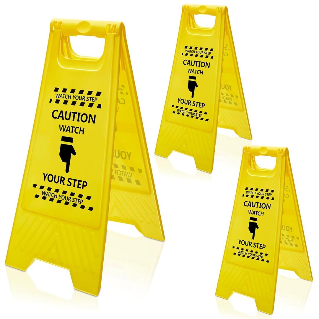 3 Pcs Caution Watch Your Step Sign Safety Double Sided Floor Heavy Duty Plastic Warning Caution Sign for Home Yard Outdoor Wet Floor Step, 24 x 11.6 x 8 Inch, Black on Yellow