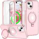 Turquiase for iPhone 15 Full Body Shockproof Case with Magnetic Invisible Stand [Compatible with MagSafe] Built-in Screen Protector Military Drop ProtectionTranslucent Phone Cover -Pink