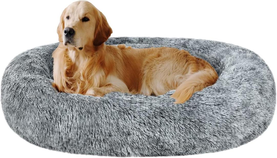 Coohom Oval Calming Donut Cuddler Dog Bed,Shag Faux Fur Cat Bed Washable Round Pillow Pet Bed for Small Medium Dogs (XL(36"x27"x7"), Grey)
