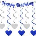 Pre-assembled Happy Birthday Banners with 6 Pieces Hanging Swirl Sweet Heart Glitter Bunting Banner For Women Girls for Birthday Party Decorations Backdrop Blue Silver