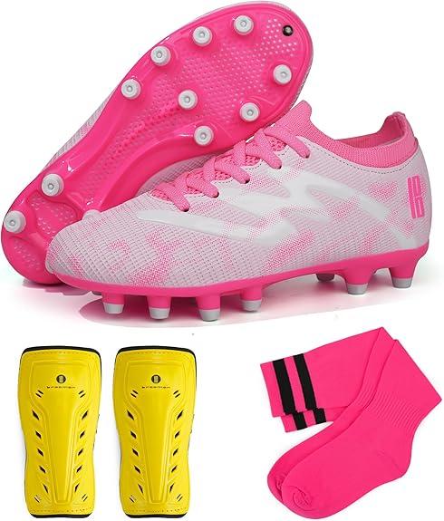 brooman Kids Firm Ground Soccer Cleats Boys Girls Football Shoes with Shin Guards and Soccer Socks (3.5,White Pink)