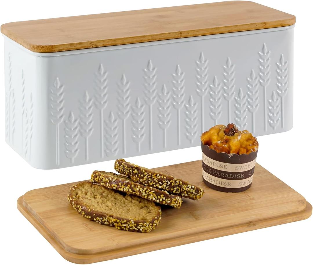 Large Bread Box for Kitchen Countertop Corner Breadbox for Homemade Bread Metal White Ear of Wheat Pattern Embossed Bread Storage Container Bin with Bamboo Lid