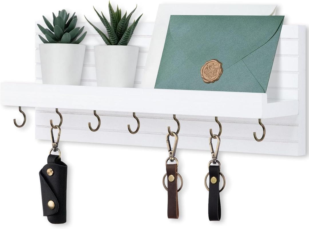 Lwenki Decorative Key Holder for Wall with Shelf, Entryway Shelf with Hooks Holds Leashes, Jackets and Glasses  Sturdy Wood Keyholder Entrance Hanger with Mounting Hardware (White, Large)
