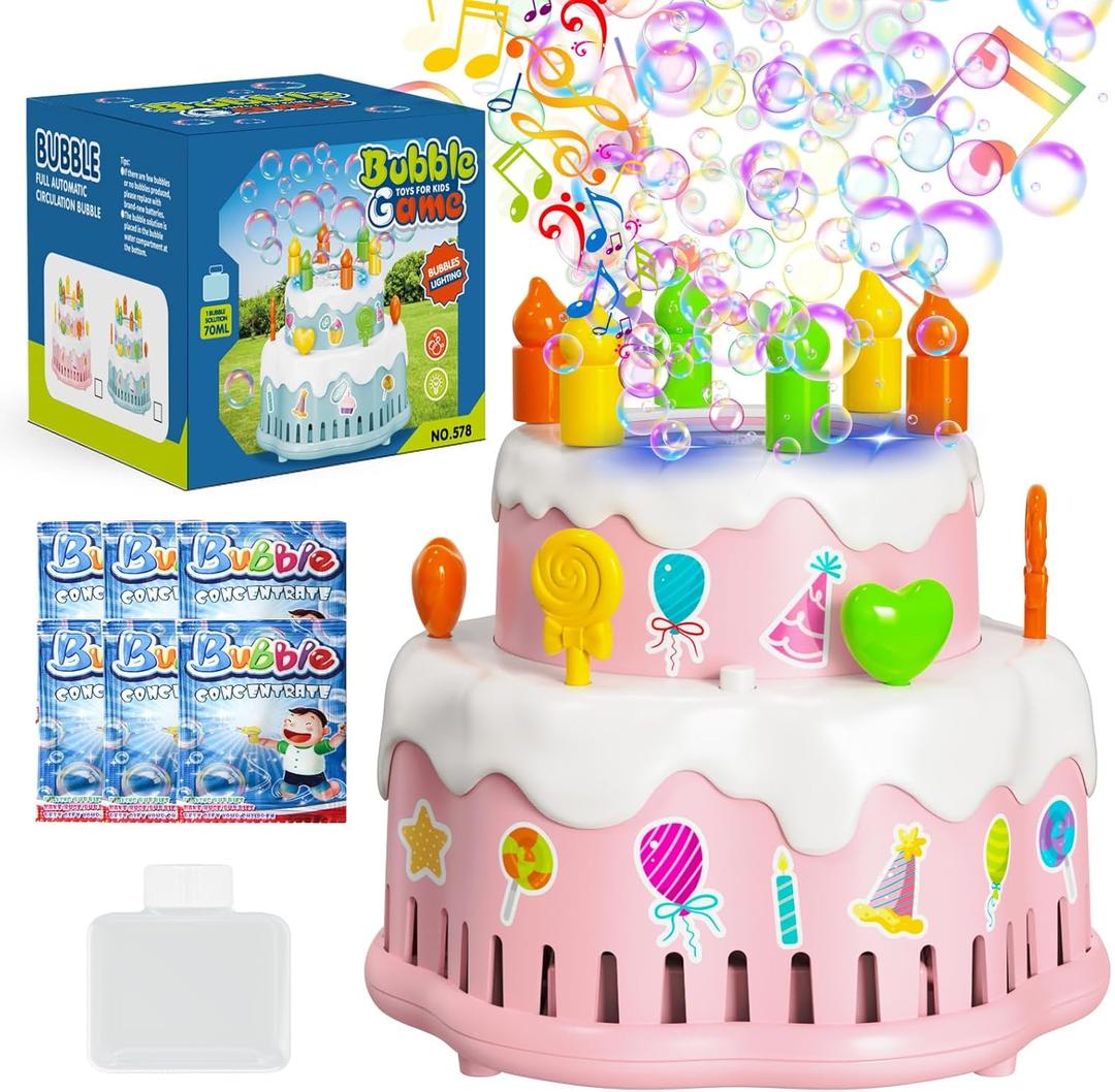 Birthday Cake Bubble Machine, Automatic Bubble Blower Machine for Kids Toddlers with Music/Lights/Solution,10000+ Bubble/Min 13 Holes Bubble Maker Toys for Outdoor Birthday Wedding Gift (Pink)