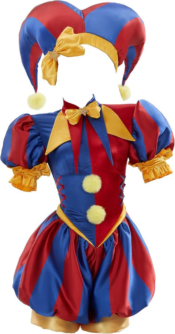 Cosplay.fm Women's Clown Costume Carnival Outfit Jumpsuit and Hat with Gloves and Socks Halloween Costume for Adult Women (Large, Red and Blue)