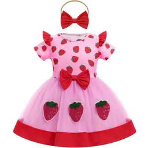 ODASDO Baby Girls Strawberry Bee Cow Birthday Cake Smash Outfit Short Sleeve Dress with Bowknot Headband Set