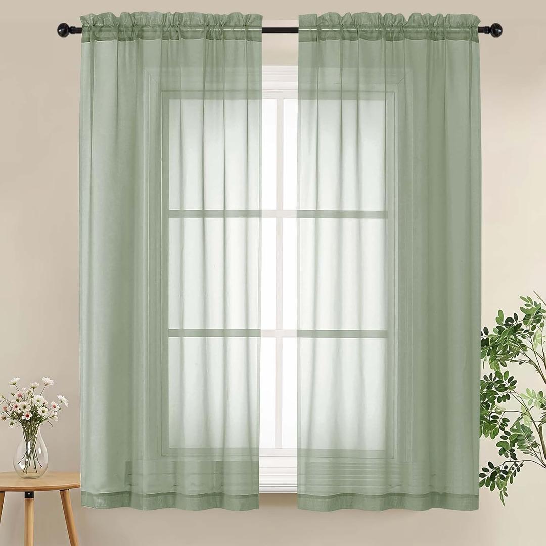 LIVEKID Sage Green Sheer Curtains 63 Inch Length for Bedroom - Light Filtering Short Curtains 2 Panels Elagant & Airy Breathable Voile Textured Soft Rod Pocket Half Window Treatments, W42 x L63