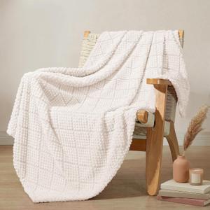 Whale Flotilla Fuzzy Fleece Throw Blanket for Couch, Bed, Soft Fluffy Jacquard Waffle Blankets for All Season, Lightweight and Warm, 50x60 Inch, Ivory
