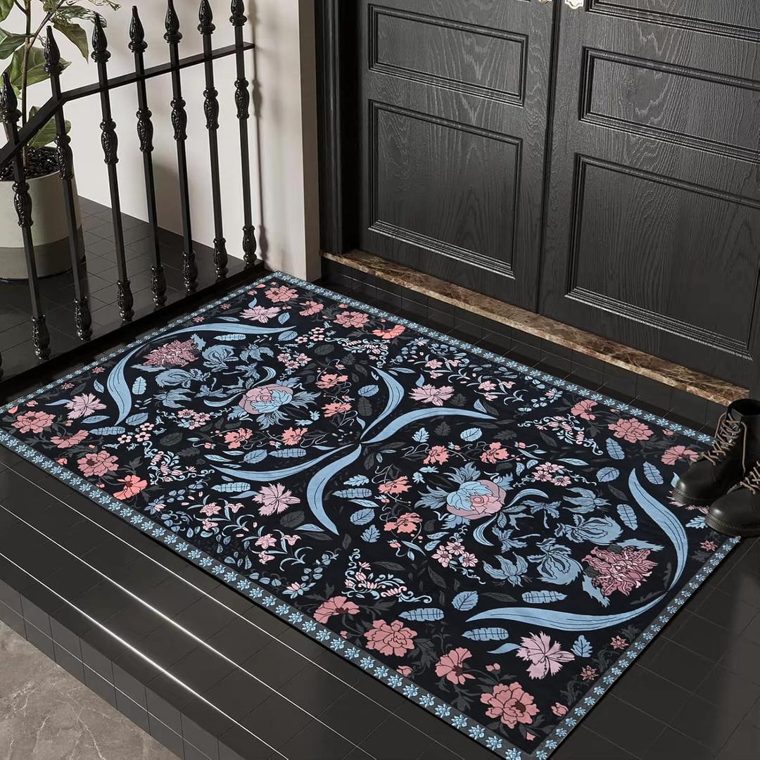 2x3 Entryway Rug, Small Washable Rugs with Floral, Non-Slip Low Pile Bohemian Carpet for Kitchen (Black)