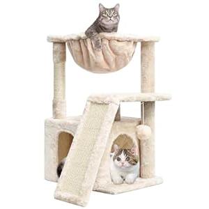 SYANDLVY Cat Tree for Indoor Cats Large Adults, Modern Activity Tower with Scratching Posts & Board, Condo with Plush Perch, Climbing Stand with Cradle & Hanging Ball for Play, Beige