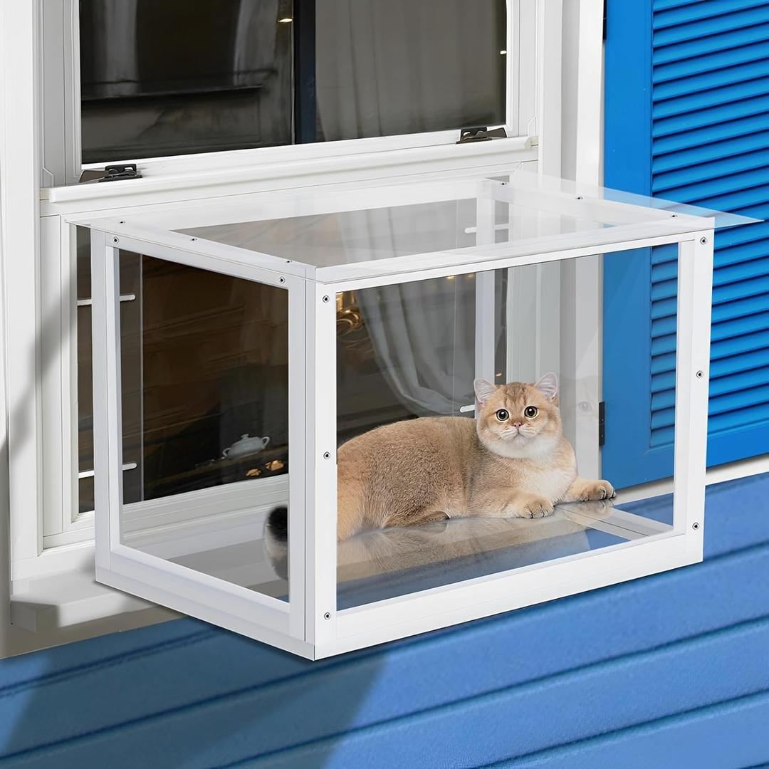 Acrylic Cat Window Catio,Catio Outdoor Cat Enclosure Window,Cat Window Box with Wooden Frame,Cat Window Perch Catio with Waterproof Clear Roof for Sunbathing, Napping,Enjoying The Outdoor Sight