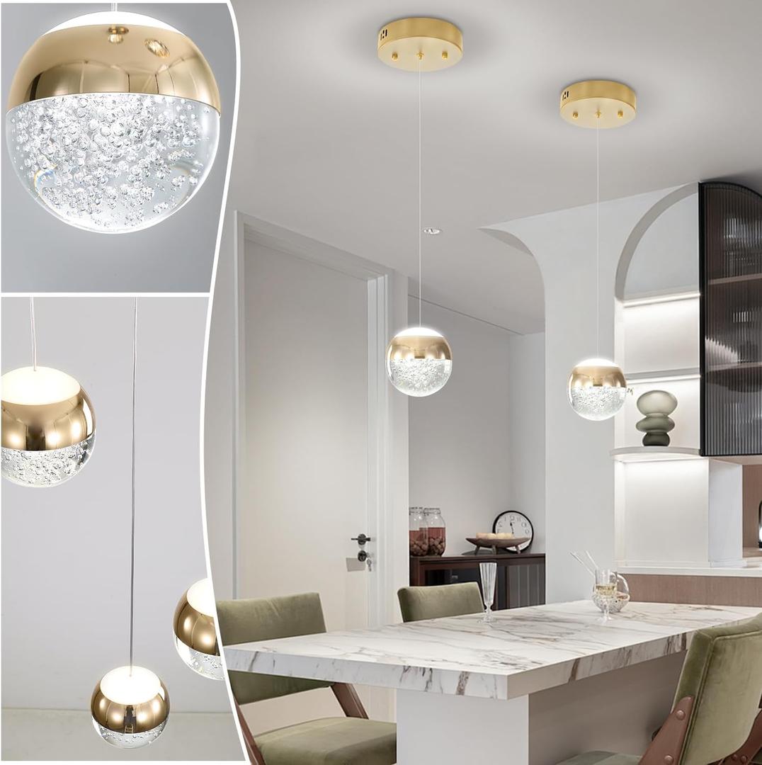 Pendant Lighting for Kitchen Island,1-Light Crystal Globe Chandelier,Gold Mini Globe Ceiling Hanging Light Fixture for Living Room Bedroom Kitchen