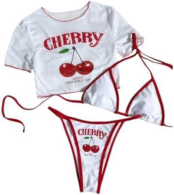 SHENHE Women's 3 Piece Cherry Swimsuits Y2k Triangle Halter Thong Bikini Set with Cover Up S