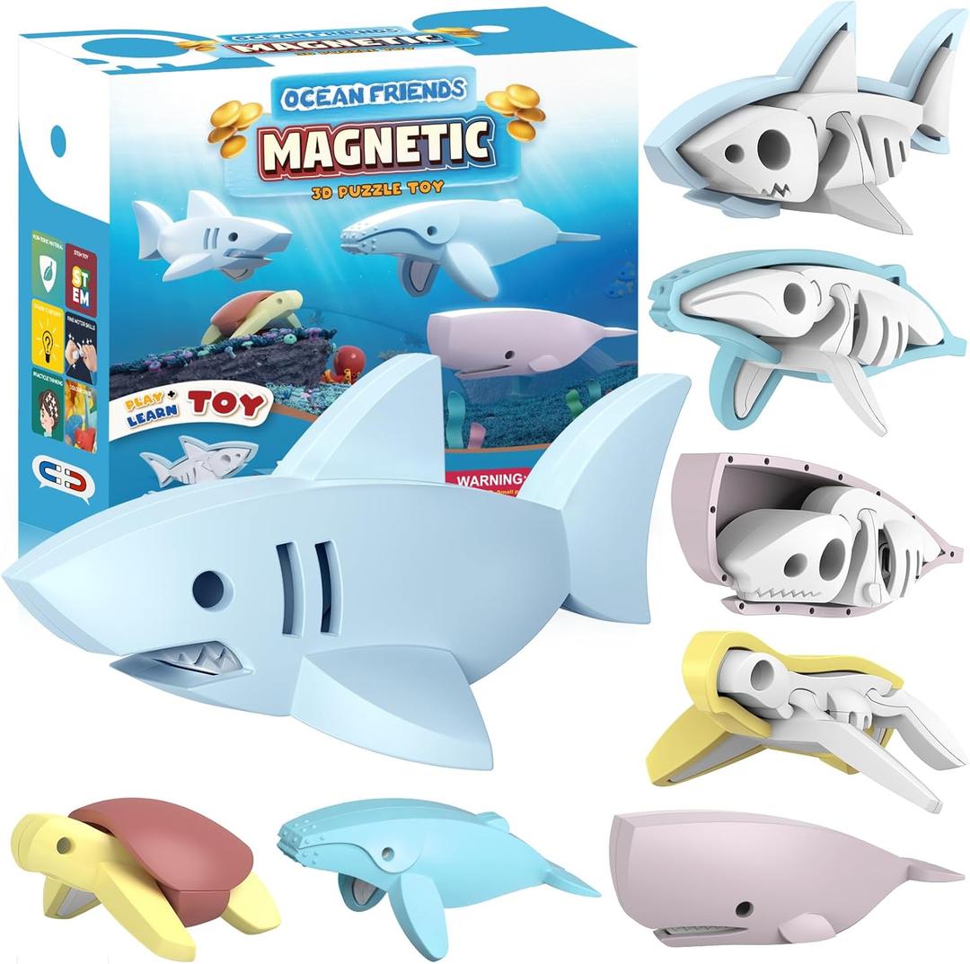 Magnetic Ocean Animals Building Toys,STEM Toddler Learning Toys 3D Puzzle Sea Animals for Boys Girls, Educational Magnetic Travel Montessori Toy Turtle Whale Shark,Unique Birthday Gift for Kids 3 4 5