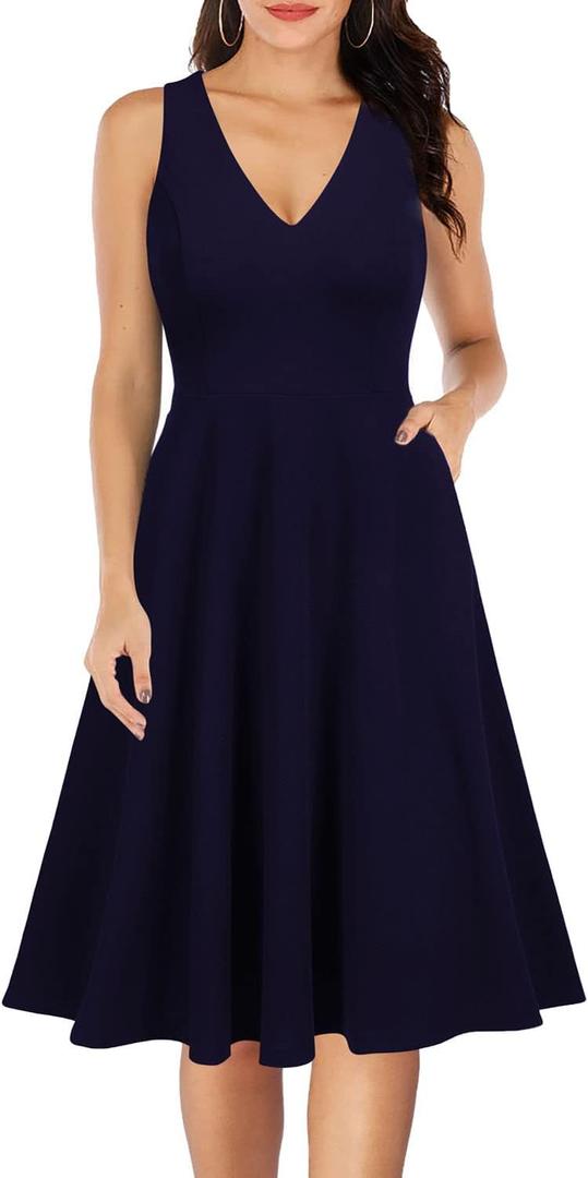 WOOSEA Women's Sleeveless V Neck Vintage Pockets Swing Business Church Dress Navy Blue, Size: S