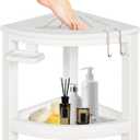 2-Tier Corner Shower Stool with Hooks & Soap Dish, HDPE Shower Bench for Shaving Legs, Wood-Like Shower Stool for Inside Shower with Non-Slip Foot Pads, Waterproof Shower Foot Rest (White)