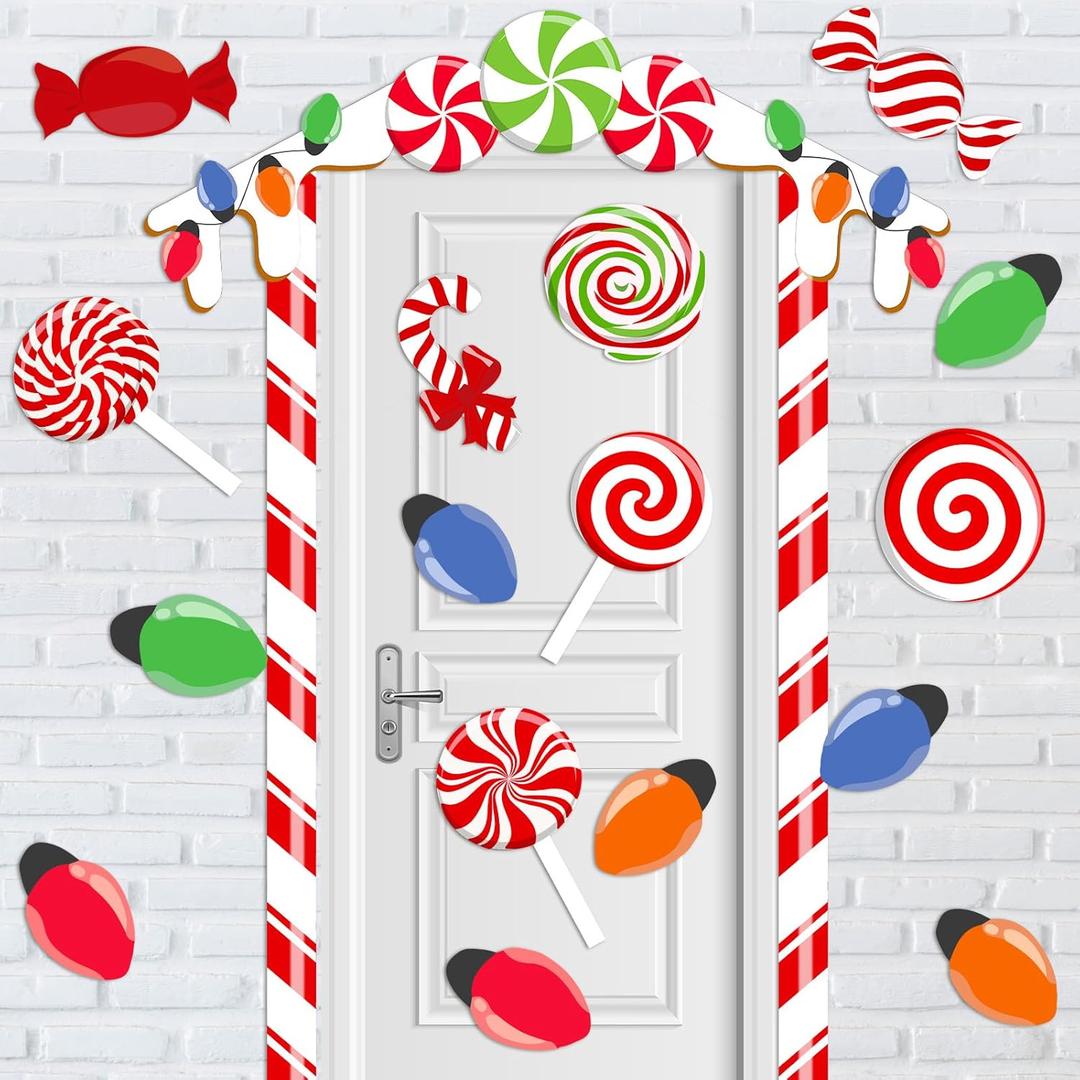 20 Pcs Christmas Candy Cane Door Decorations Large Christmas Door Decorations Red and White Candy House Cover Porch Banner Gingerbread Backdrop for Classroom Wall Window Stickers Decor