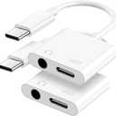USB C to 3.5mm Headphone and Charger Adapter, 2-Pack Type C to Aux Jack Dongle Cable Cord with PD Fast Charging for iPhone 15/16/17 Pro/Max/Plus, iPad, Samsung Galaxy S22/S23/S24 Ultra (White)