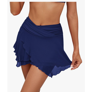 GRAPENT Swim Skirt Bottoms for Women Criss Cross High Waisted Bikini Bottom Layered Mesh Flowy Shorts Bathing Suit Skort, Size Large