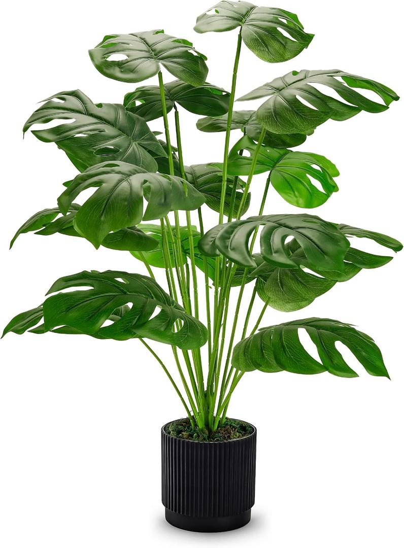 Der Rose 28" Black Pot Fake Monstera Plants, Large Artificial Potted Plants for Indoor & Outdoor Floor Front Porch Modern Decor