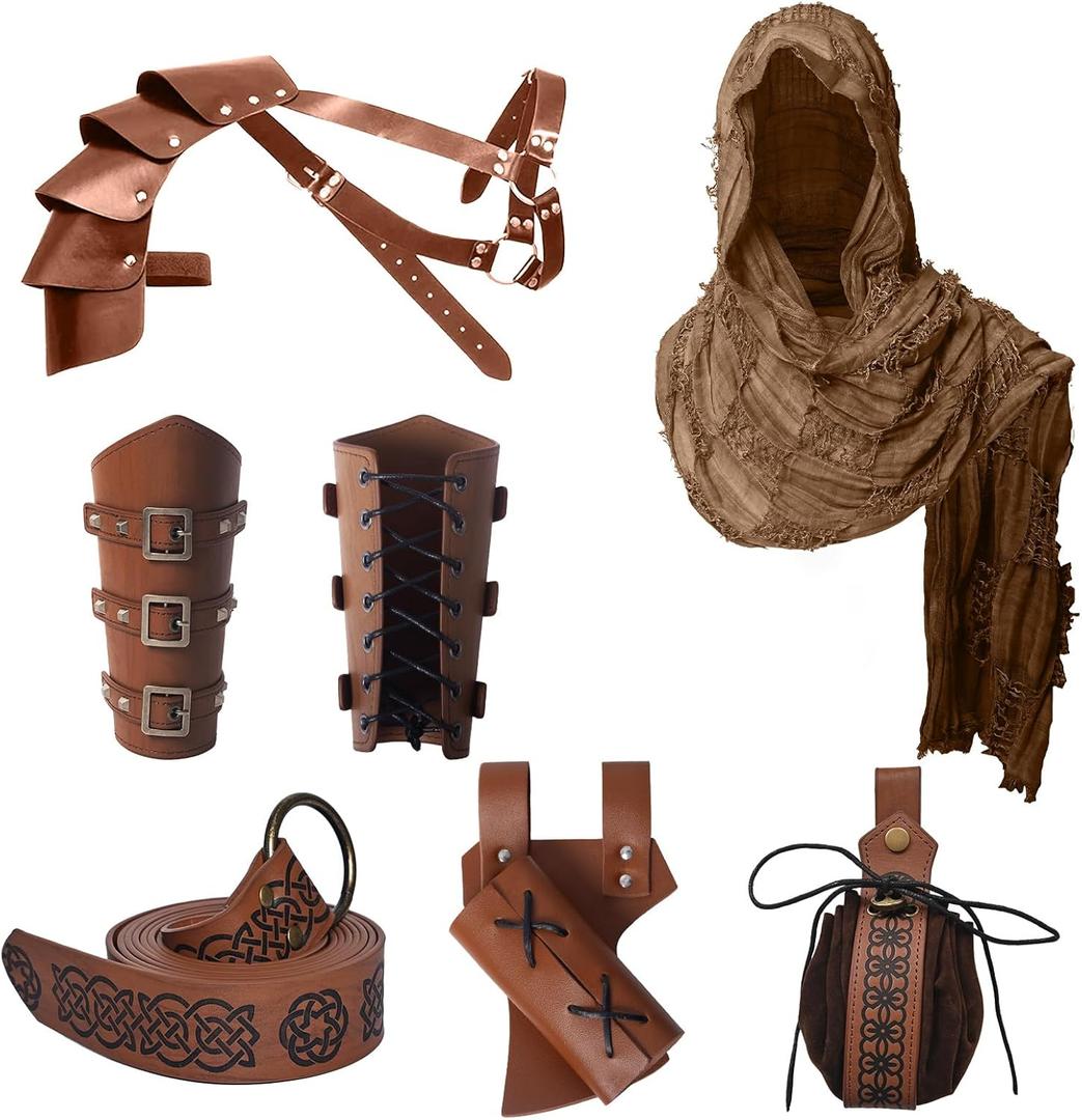 6 Pcs Medieval Knight Accessories,Renaissance Viking Beggar's Scarf Single Shoulder Guard Arm Guard Sword Sheath Waist Bag (Brown)